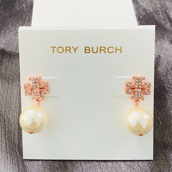 Tory Burch Earrings Crystal Logo & Simulated Pearl Drop Earrings Rose Gold - Picture 10 of 13